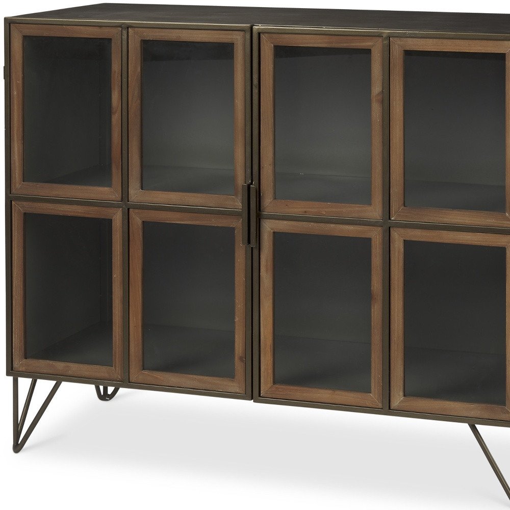 Antiqued Brass and Brown Metal and Solid Wood Accent Cabinet with Two Doors
