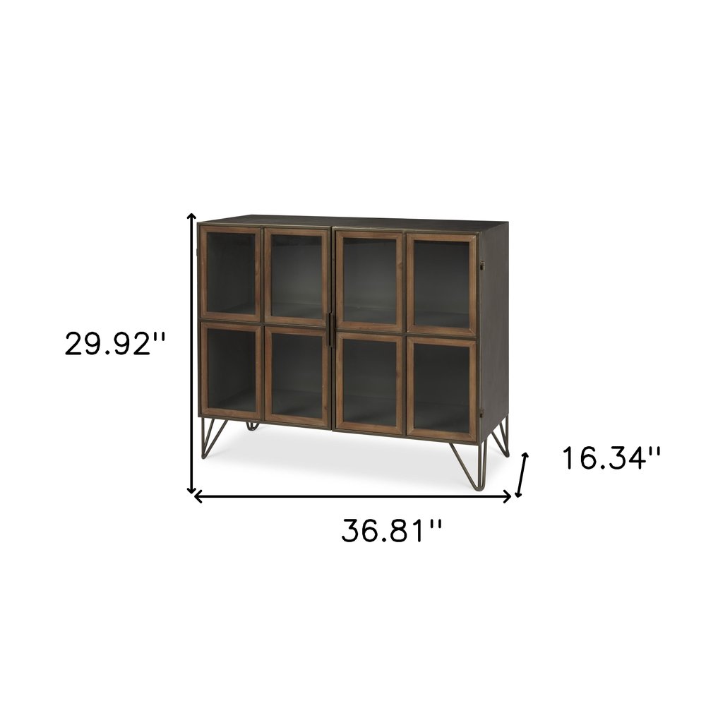 Antiqued Brass and Brown Metal and Solid Wood Accent Cabinet with Two Doors