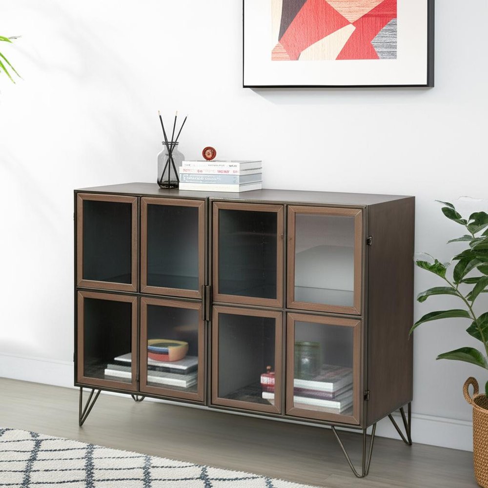 Antiqued Brass and Brown Metal and Solid Wood Accent Cabinet with Two Doors