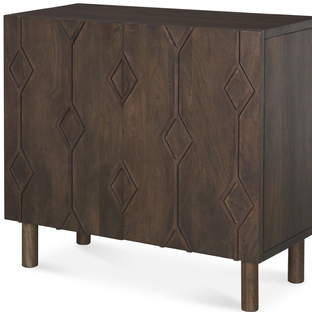 Dark Brown Solid Wood Carved Geometric Accent Cabinet with Two Doors - 36-inch