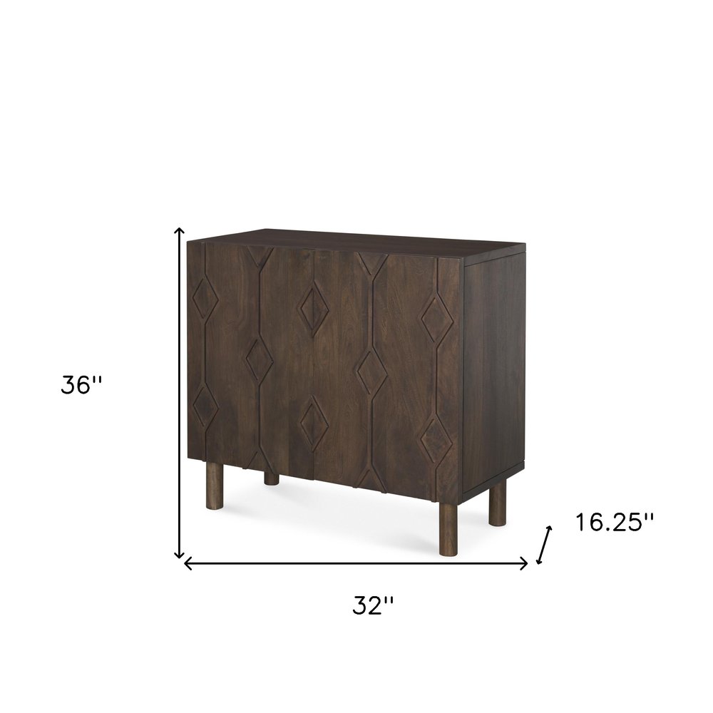 Dark Brown Solid Wood Carved Geometric Accent Cabinet with Two Doors - 36-inch