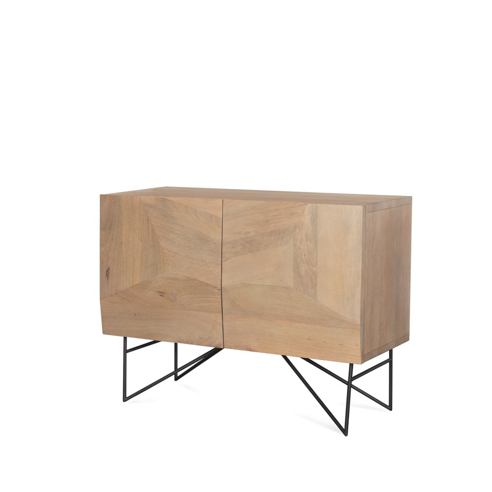 Natural and Black Solid Wood and Metal Carved Geometric Accent Cabinet with Two Doors