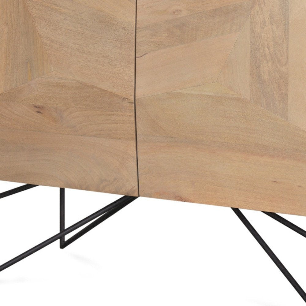 Natural and Black Solid Wood and Metal Carved Geometric Accent Cabinet with Two Doors