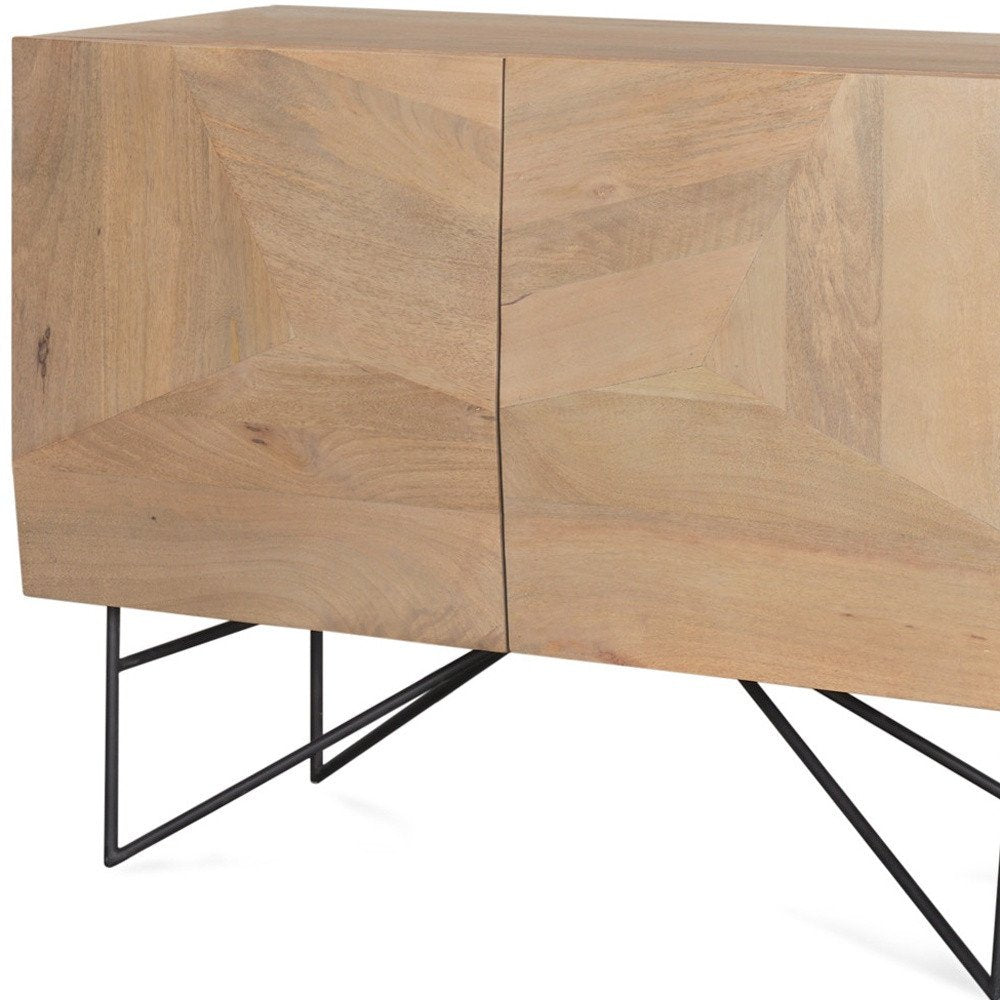 Natural and Black Solid Wood and Metal Carved Geometric Accent Cabinet with Two Doors