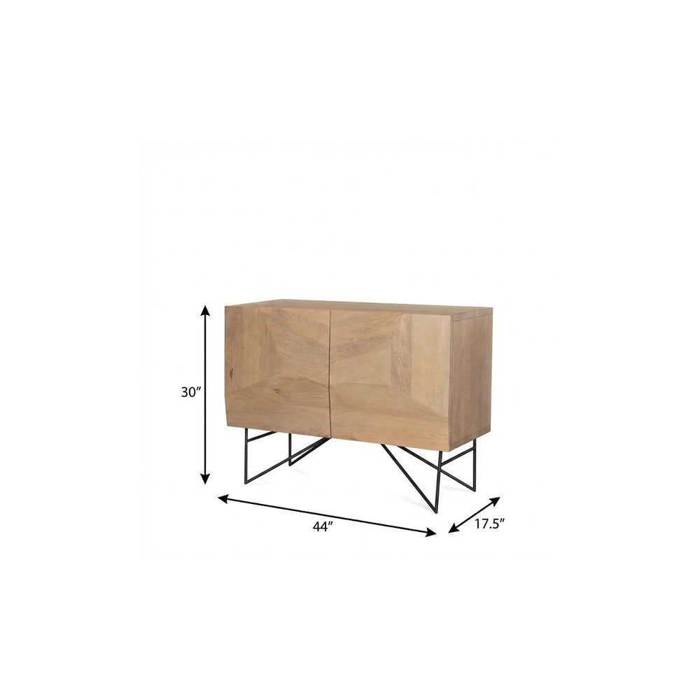 Natural and Black Solid Wood and Metal Carved Geometric Accent Cabinet with Two Doors