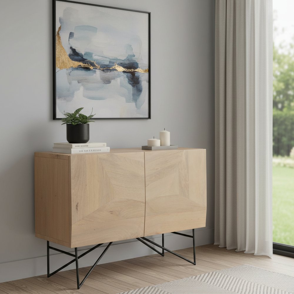 Natural and Black Solid Wood and Metal Carved Geometric Accent Cabinet with Two Doors