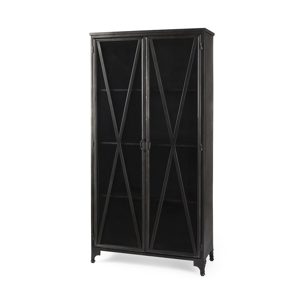 Black Glass and Metal Display Cabinet with Two Doors - 38-inch