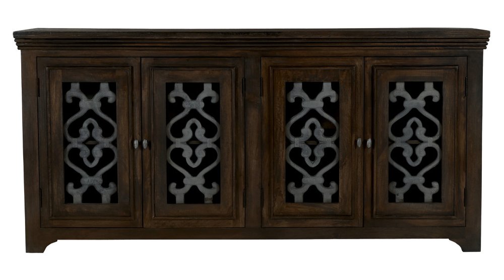 Brown Distressed Solid Wood Sideboard Soft Close with Four Glass Doors - 76-inch