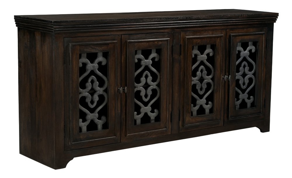 Brown Distressed Solid Wood Sideboard Soft Close with Four Glass Doors - 76-inch
