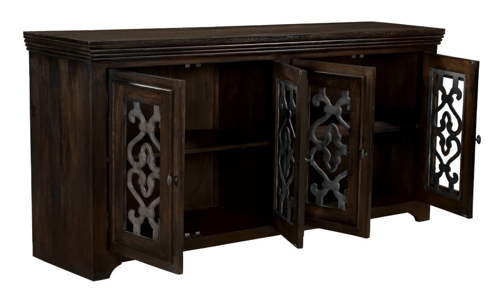 Brown Distressed Solid Wood Sideboard Soft Close with Four Glass Doors - 76-inch