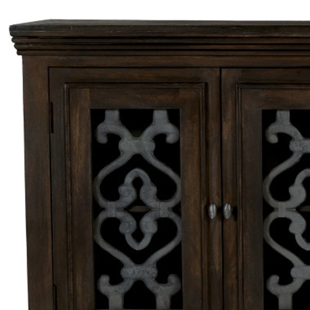 Brown Distressed Solid Wood Sideboard Soft Close with Four Glass Doors - 76-inch
