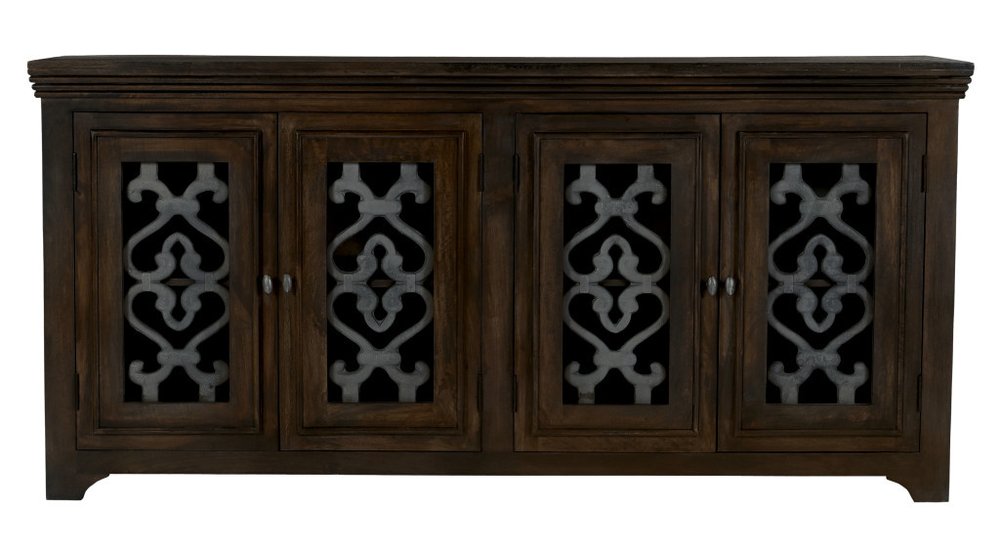 Brown Distressed Solid Wood Sideboard Soft Close with Four Glass Doors - 76-inch