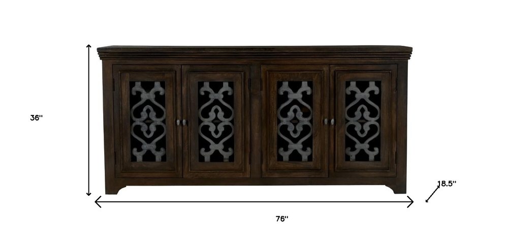 Brown Distressed Solid Wood Sideboard Soft Close with Four Glass Doors - 76-inch