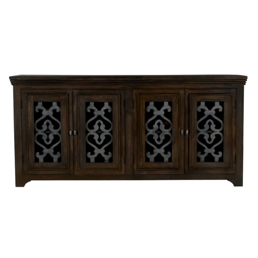 Brown Distressed Solid Wood Sideboard Soft Close with Four Glass Doors - 76-inch