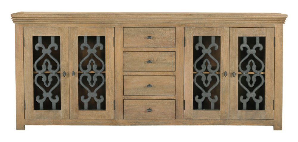 Natural Distressed Solid Wood Four Drawer Sideboard Soft Close with Four Glass Doors