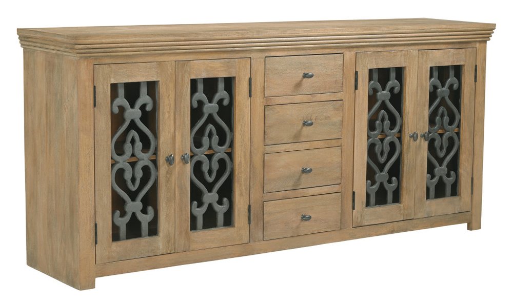 Natural Distressed Solid Wood Four Drawer Sideboard Soft Close with Four Glass Doors