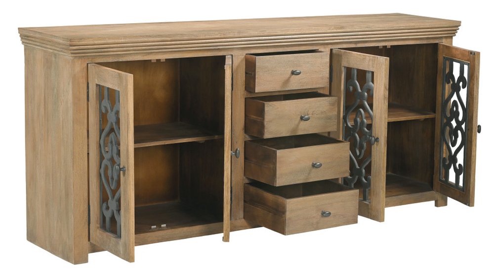 Natural Distressed Solid Wood Four Drawer Sideboard Soft Close with Four Glass Doors