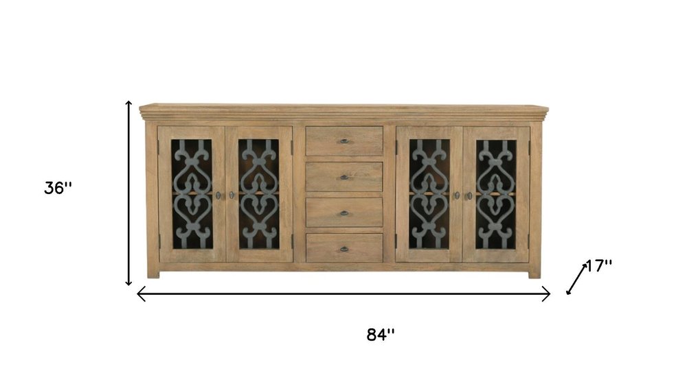 Natural Distressed Solid Wood Four Drawer Sideboard Soft Close with Four Glass Doors