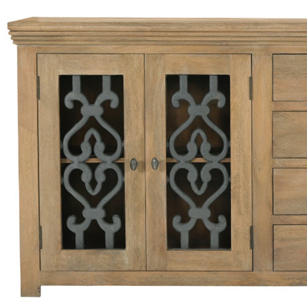 Natural Distressed Solid Wood Four Drawer Sideboard Soft Close with Four Glass Doors