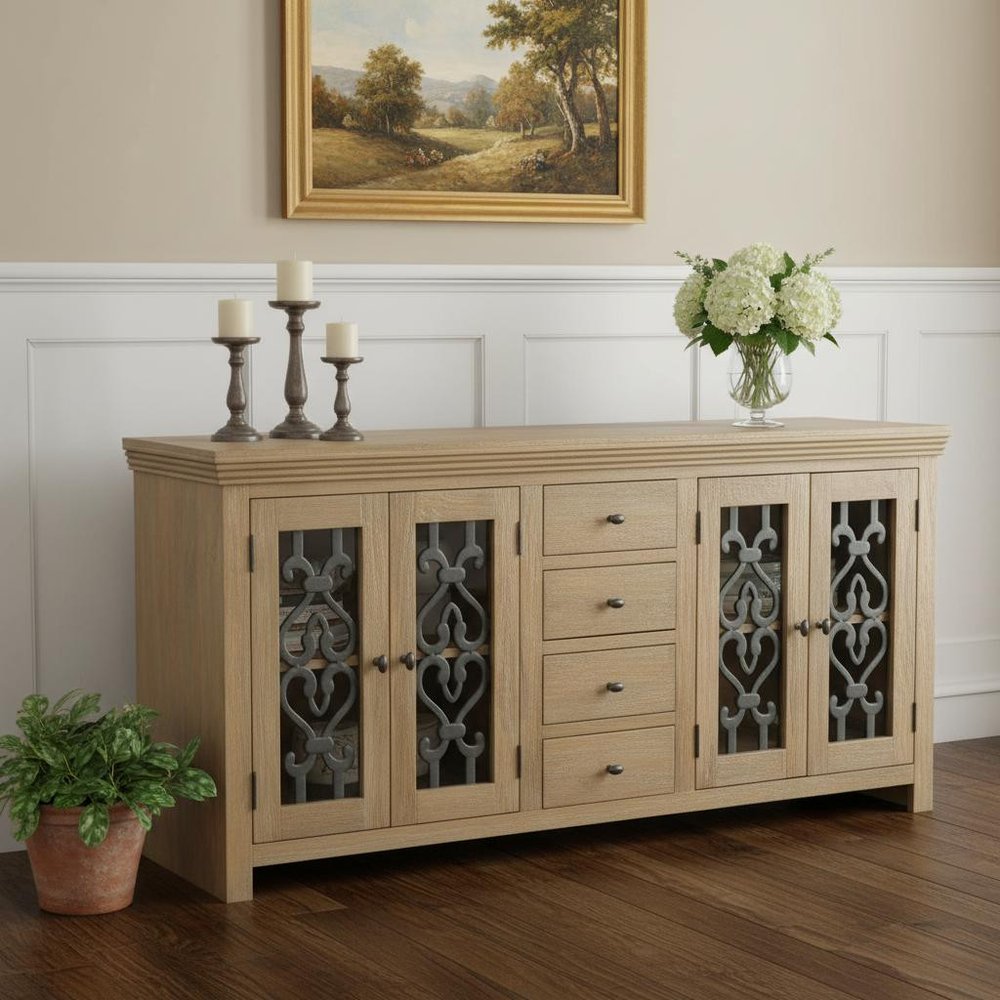 Natural Distressed Solid Wood Four Drawer Sideboard Soft Close with Four Glass Doors
