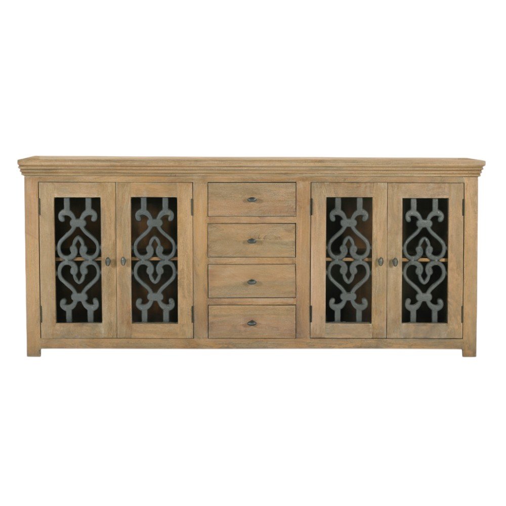 Natural Distressed Solid Wood Four Drawer Sideboard Soft Close with Four Glass Doors