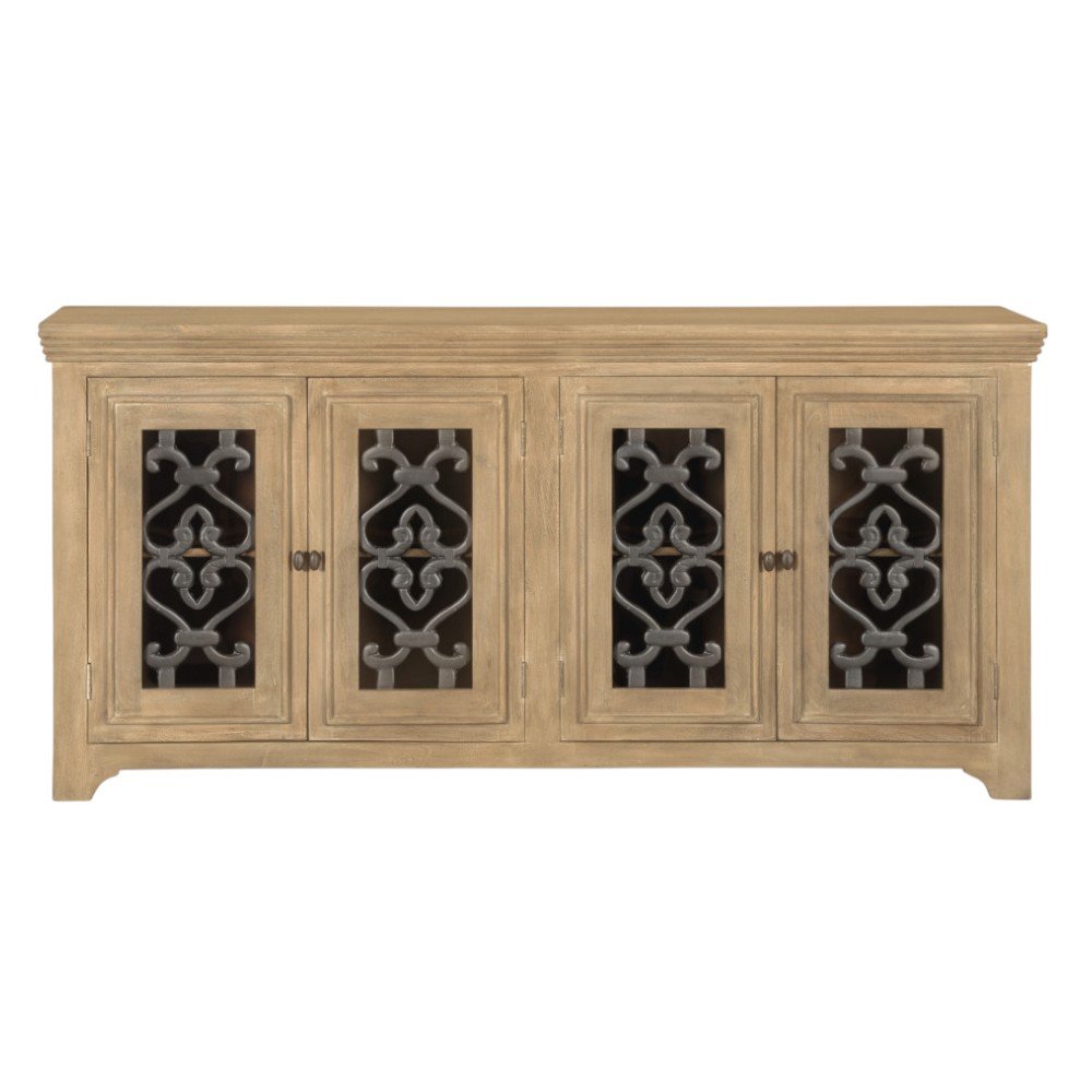 Natural Distressed Solid Wood Sideboard Soft Close with Four Glass Doors