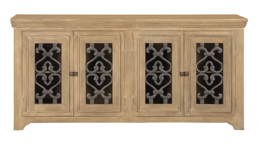 Natural Distressed Solid Wood Sideboard Soft Close with Four Glass Doors