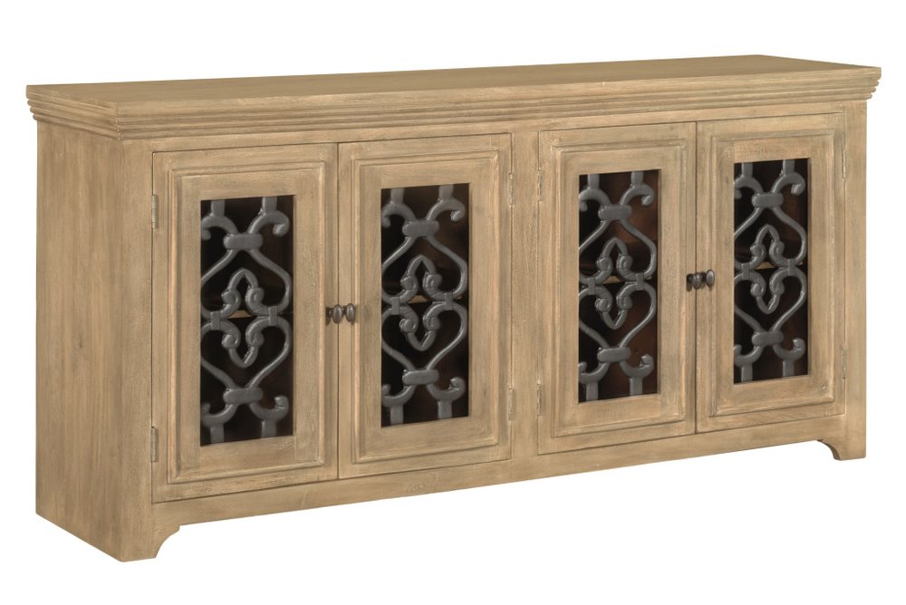 Natural Distressed Solid Wood Sideboard Soft Close with Four Glass Doors