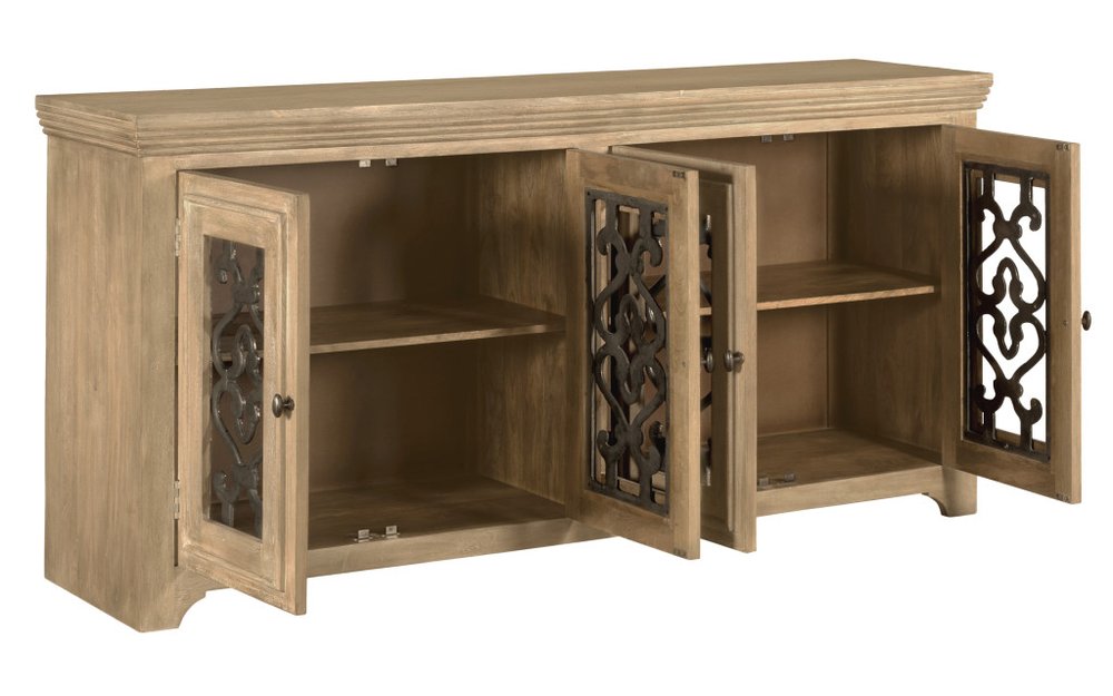 Natural Distressed Solid Wood Sideboard Soft Close with Four Glass Doors