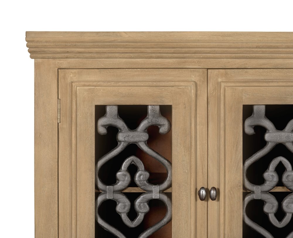 Natural Distressed Solid Wood Sideboard Soft Close with Four Glass Doors