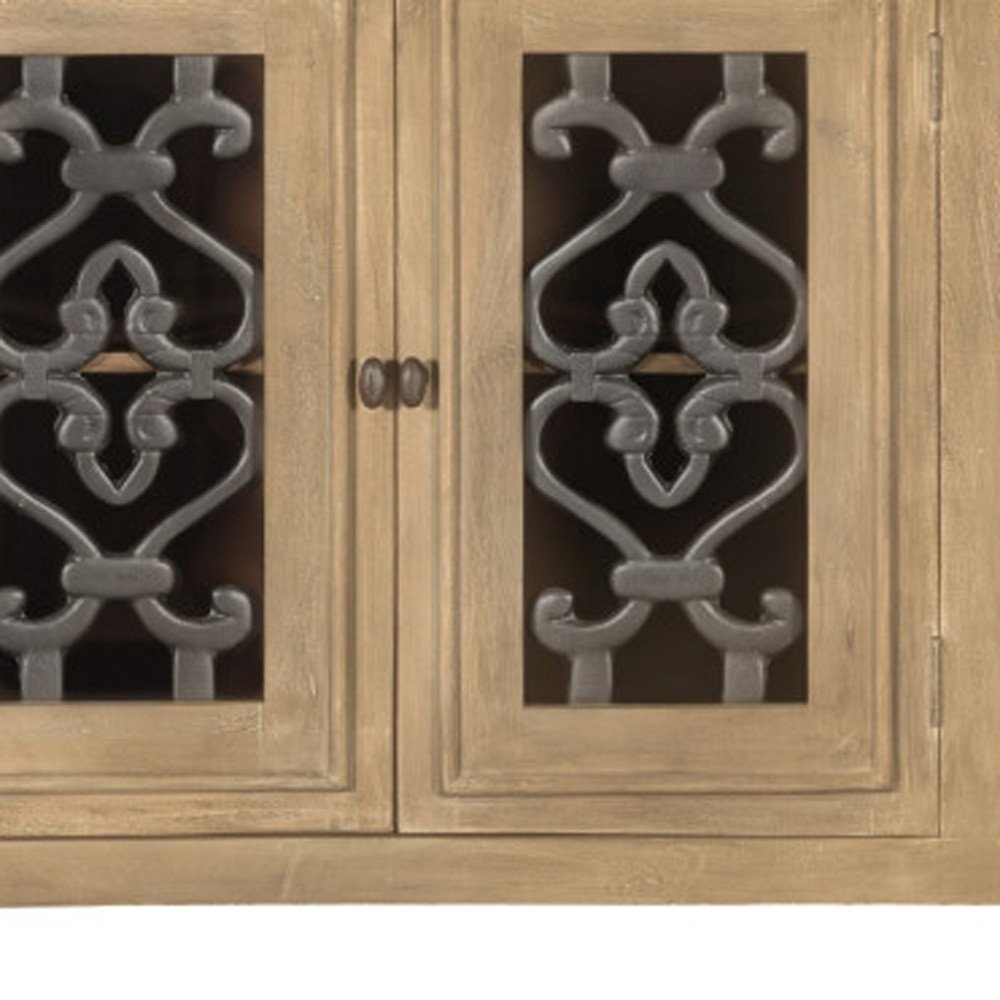 Natural Distressed Solid Wood Sideboard Soft Close with Four Glass Doors