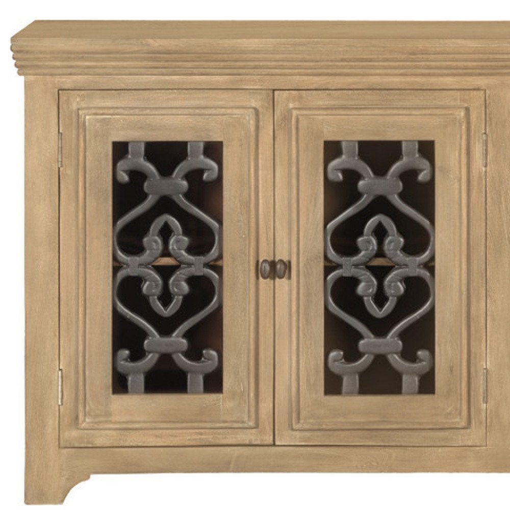 Natural Distressed Solid Wood Sideboard Soft Close with Four Glass Doors