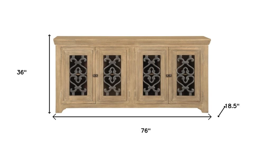 Natural Distressed Solid Wood Sideboard Soft Close with Four Glass Doors