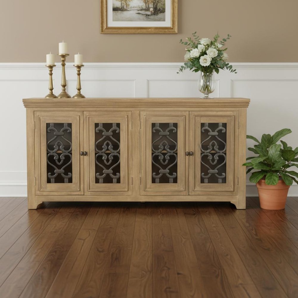 Natural Distressed Solid Wood Sideboard Soft Close with Four Glass Doors