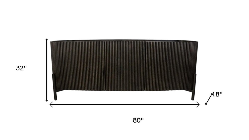 Brown Distressed Solid Wood Ribbed Texture Sideboard with Three Doors - 80-inch