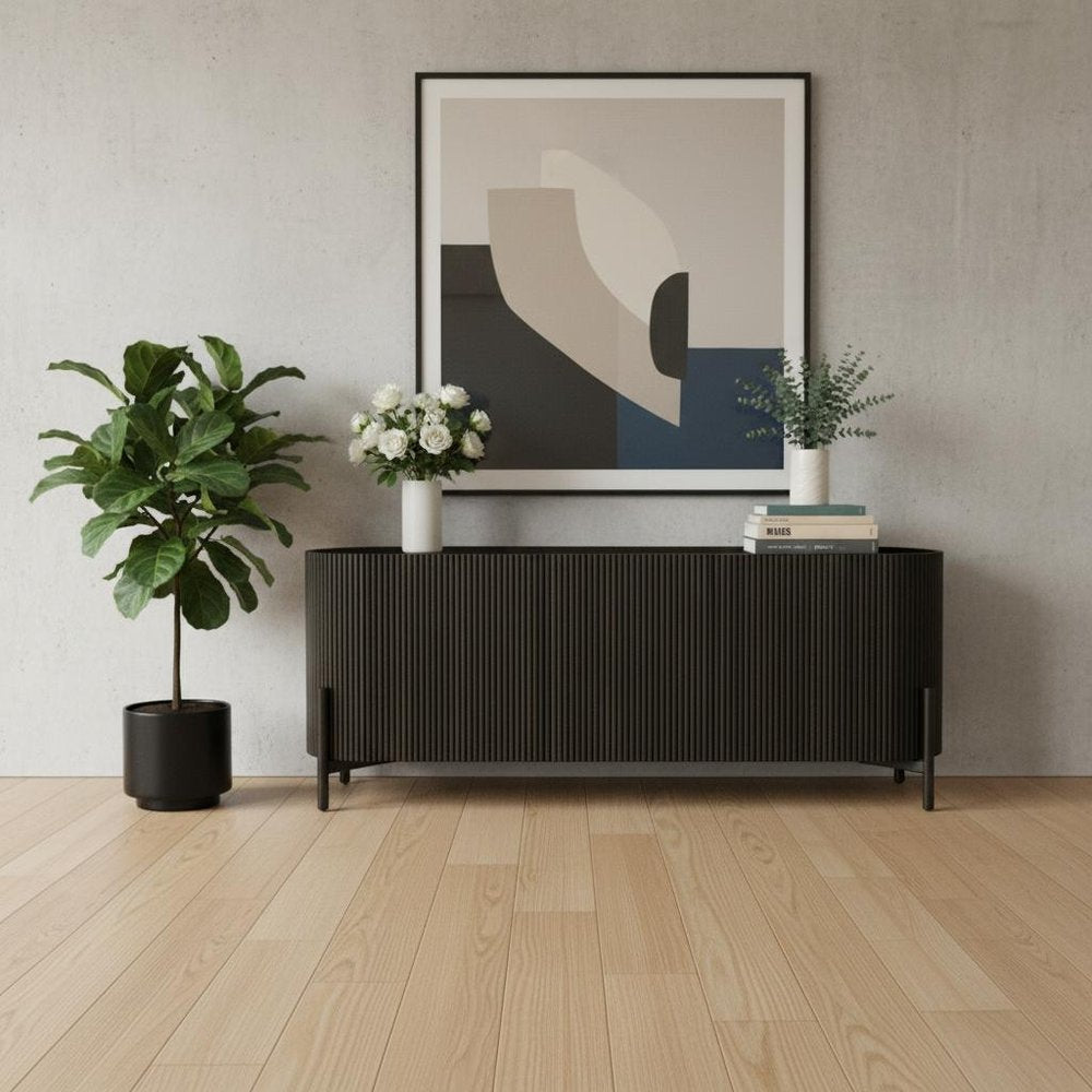 Brown Distressed Solid Wood Ribbed Texture Sideboard with Three Doors - 80-inch
