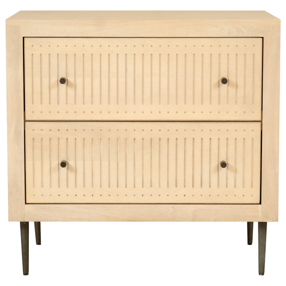 Natural Solid Wood Distressed Carved Geometric Two Drawer Nightstand - 28-inch