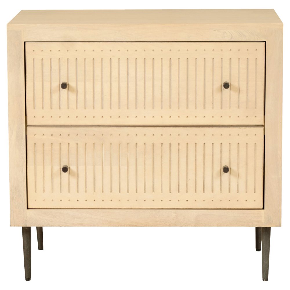 Natural Solid Wood Distressed Carved Geometric Two Drawer Nightstand - 28-inch