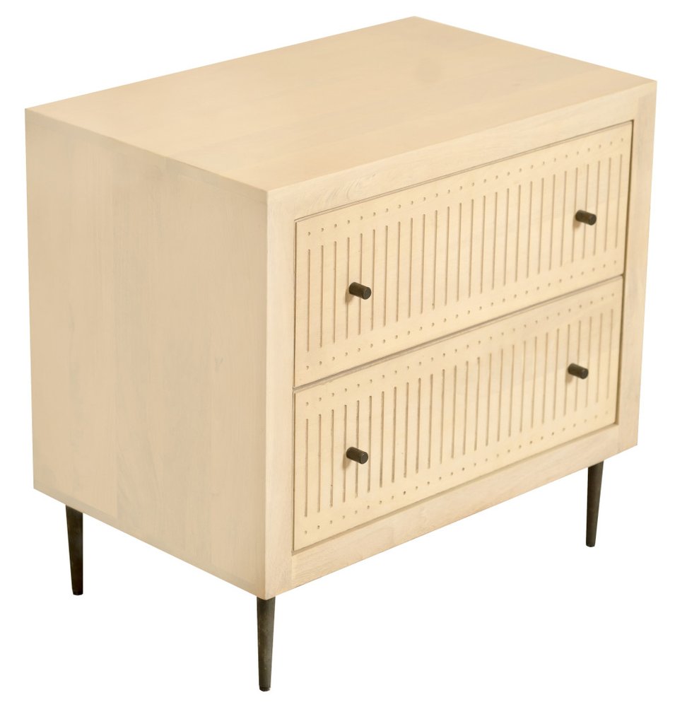Natural Solid Wood Distressed Carved Geometric Two Drawer Nightstand - 28-inch