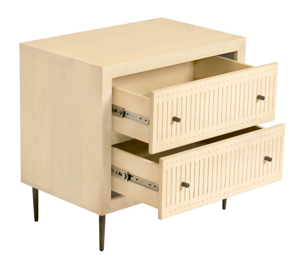 Natural Solid Wood Distressed Carved Geometric Two Drawer Nightstand - 28-inch