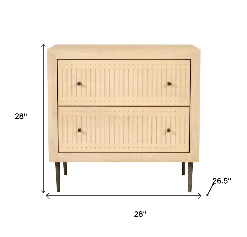 Natural Solid Wood Distressed Carved Geometric Two Drawer Nightstand - 28-inch