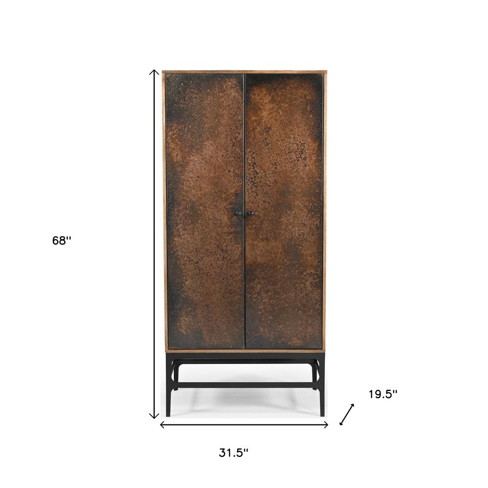 Copper and Black Distressed Solid Wood Frame Accent Cabinet with Two Doors