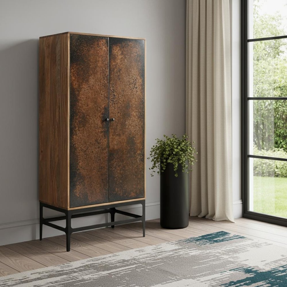 Copper and Black Distressed Solid Wood Frame Accent Cabinet with Two Doors