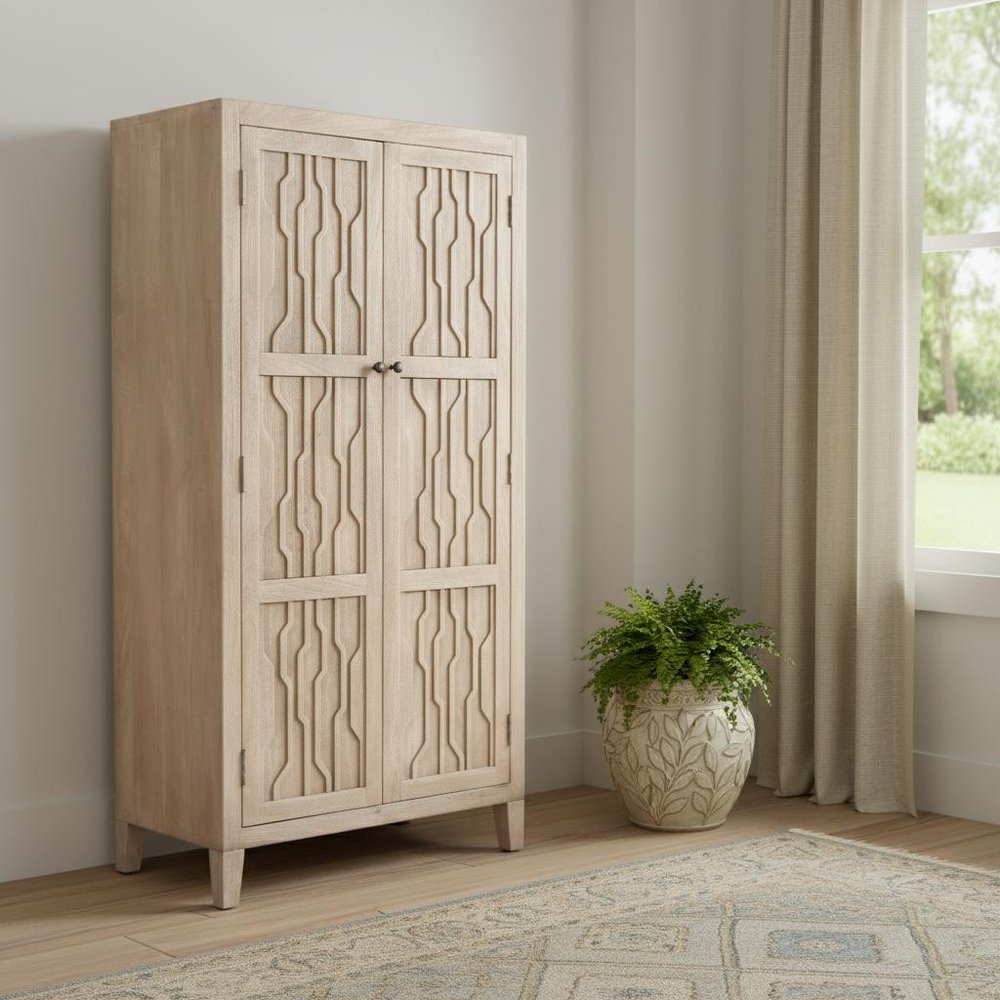 Ivory Distressed Solid Wood Frame Accent Cabinet with Two Doors - 72-inch