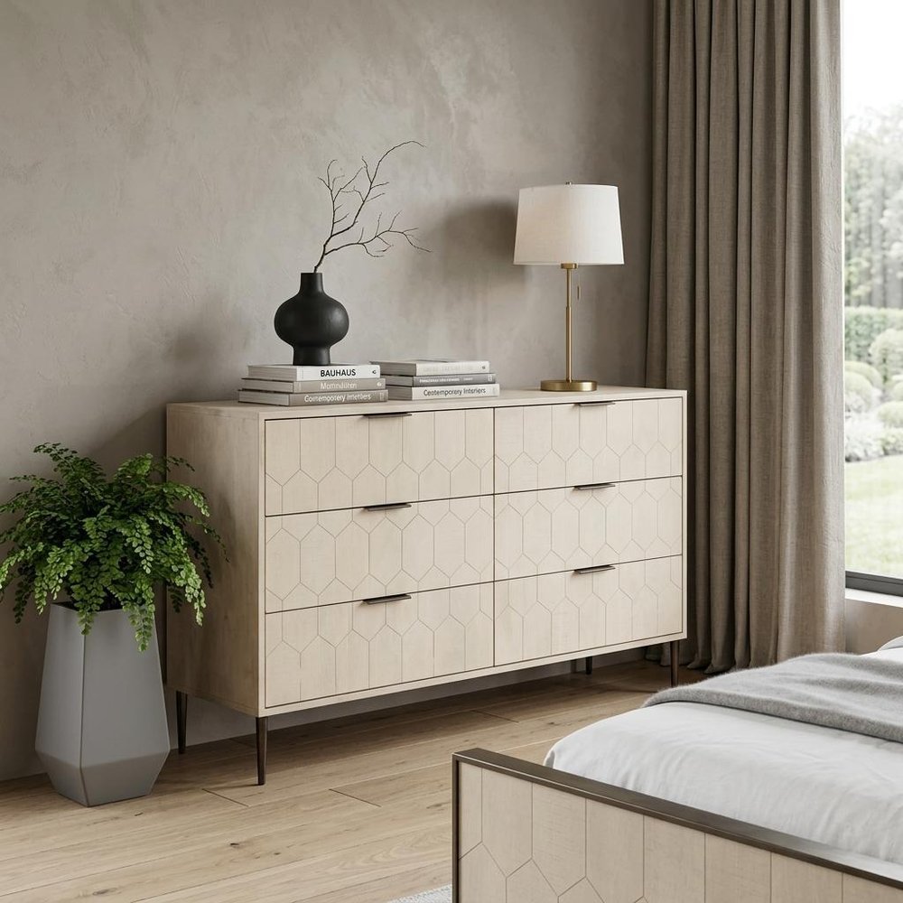 Natural Solid Wood Six Drawer Dresser - 56-inch