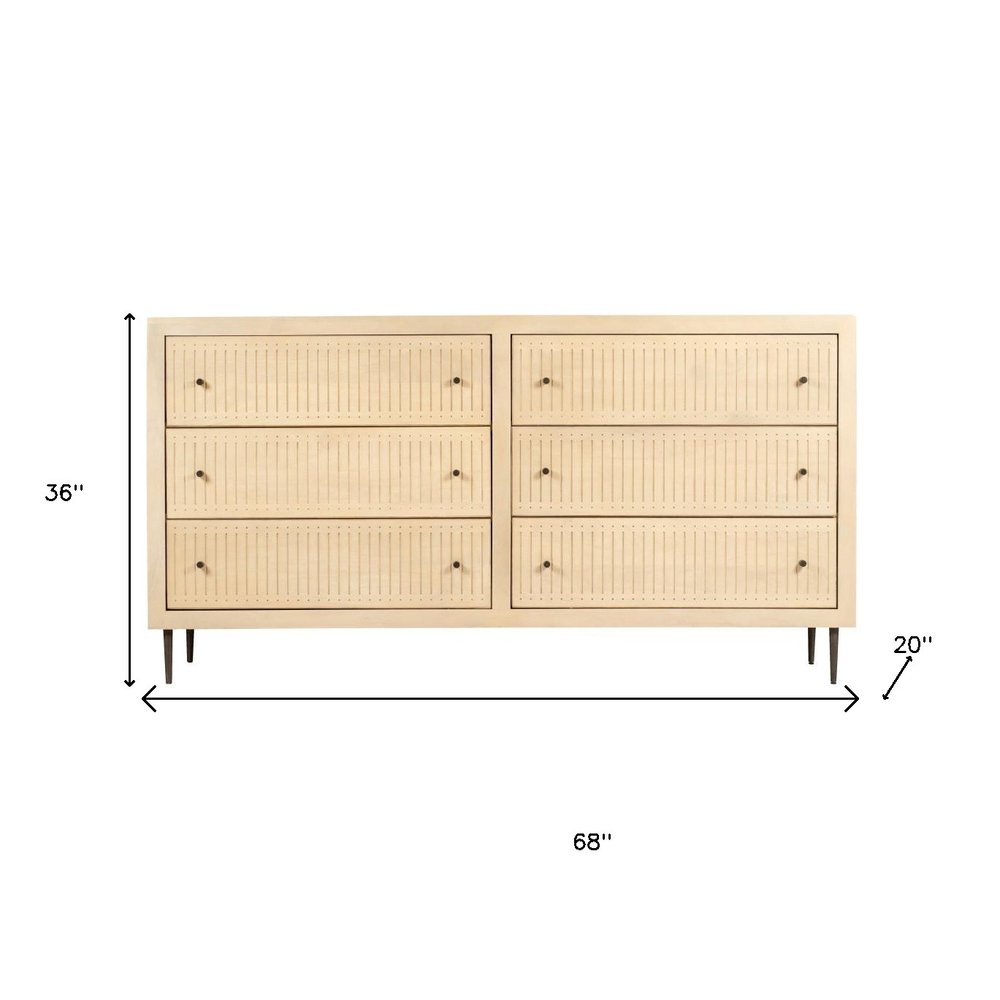 Natural Solid Wood Six Drawer Dresser - 68-inch