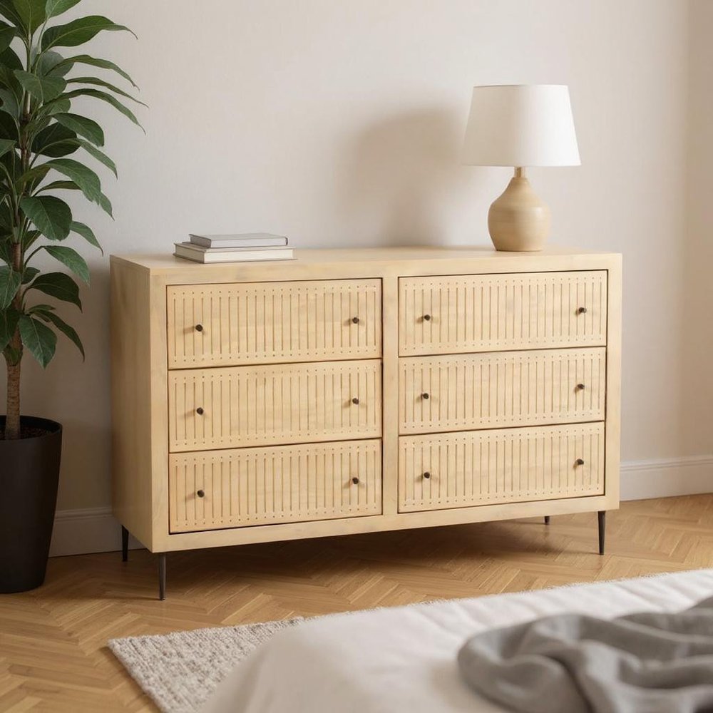 Natural Solid Wood Six Drawer Dresser - 68-inch