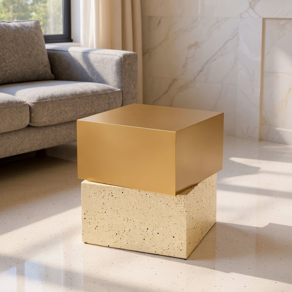 20" Gold and Beige Faux Terrazzo and Iron Free Form Pedestal End Table