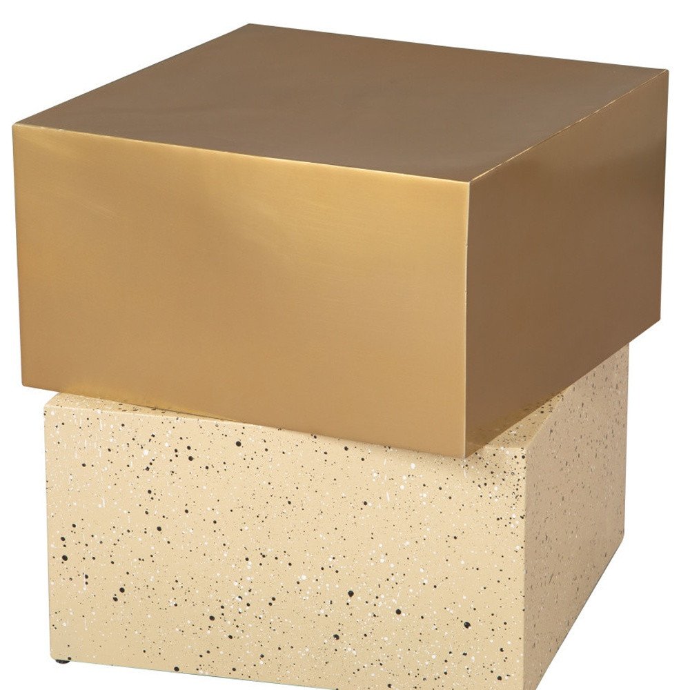 20" Gold and Beige Faux Terrazzo and Iron Free Form Pedestal End Table