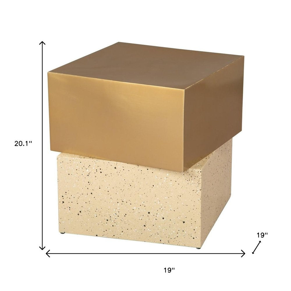 20" Gold and Beige Faux Terrazzo and Iron Free Form Pedestal End Table
